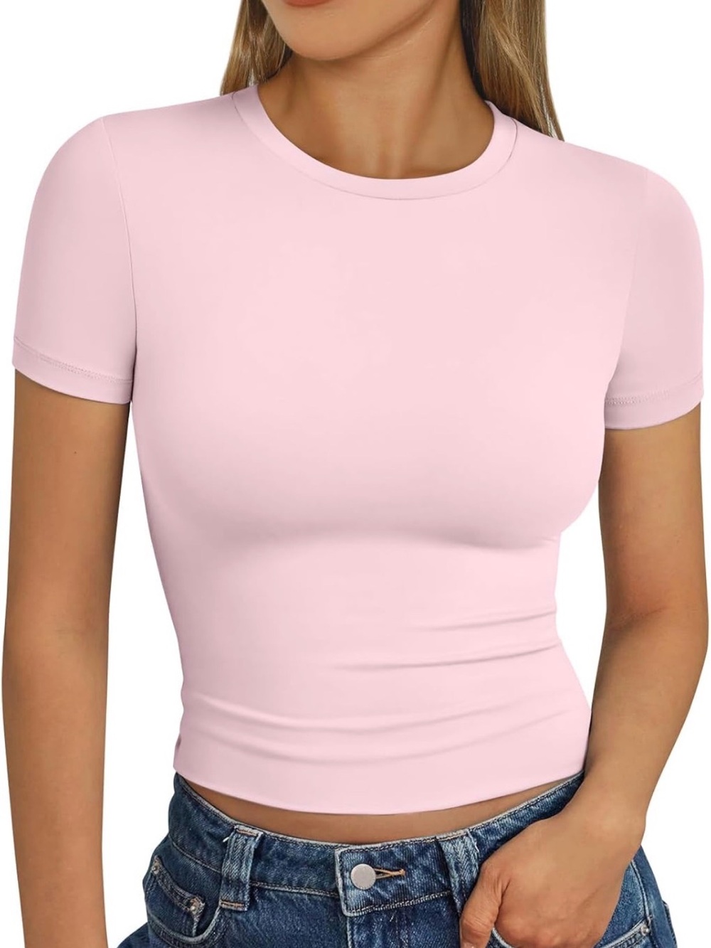Women’s Short Sleeve Crewneck Crop Top - Light Pink
